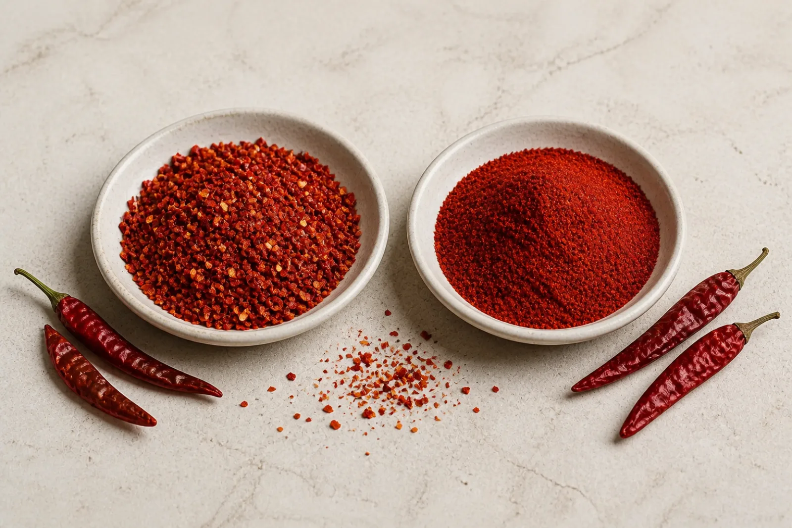 Två keramikskålar sida vid sida: en med grova koreanska chiliflingor med synlig struktur, en med samma chili finmalen till ett jämnt rött pulver, med hela torkade chilifrukter bredvid