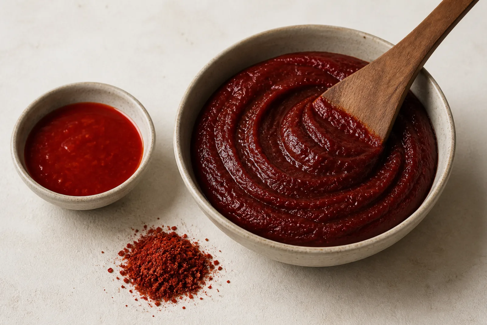 Tjock, blank och mörkt tegelröd gochujang i en keramikskål med en träpaddel, bredvid en mindre skål med tunnare och klarare röd sås samt en nypa grova chiliflingor