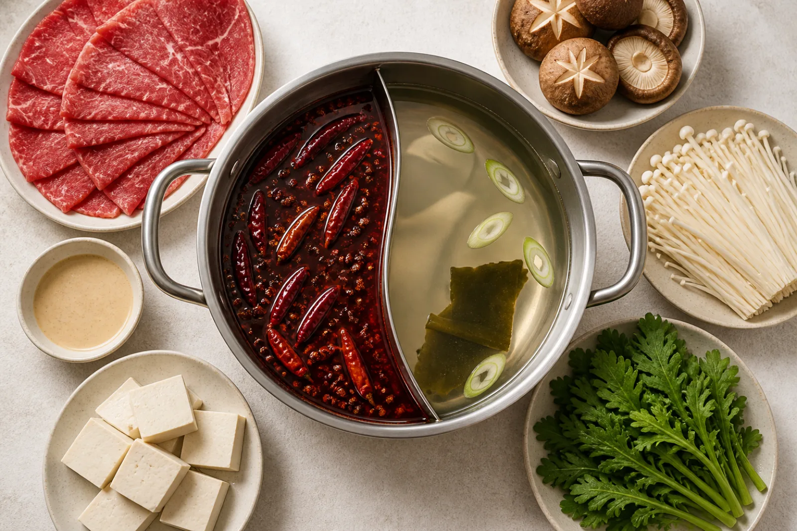 Delad hot pot-gryta uppifrån: ena halvan mörkröd sichuanbuljong med torkad chili, andra halvan klar buljong med kombu och salladslök, omgiven av skålar med tunt skivat kött, shiitake, enoki, tofu och gröna blad