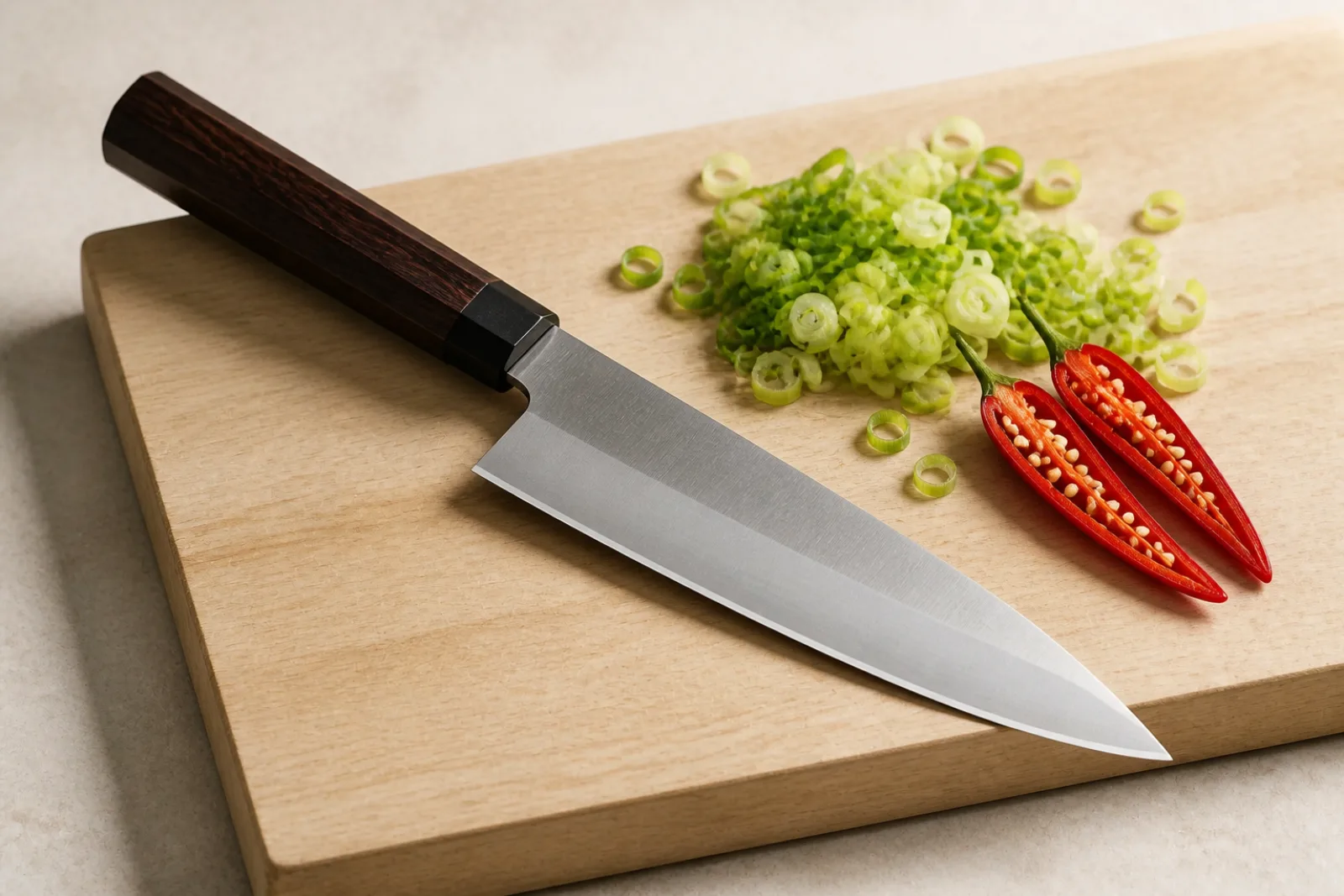 Japansk kökskniv med mörkt träskaft på en ljus skärbräda, bredvid finskuren salladslök och en halverad röd chili