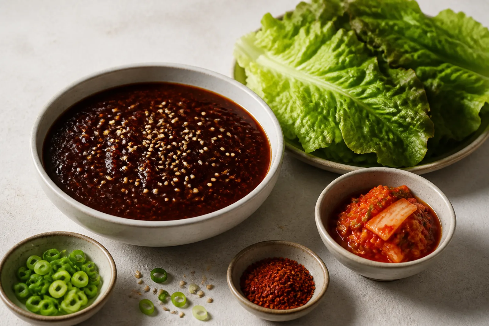 En skål med blank mörkröd marinad toppad med sesamfrön, staplade salladsblad för ssam, en liten skål kimchi, salladslök och ett fat med grova chiliflingor
