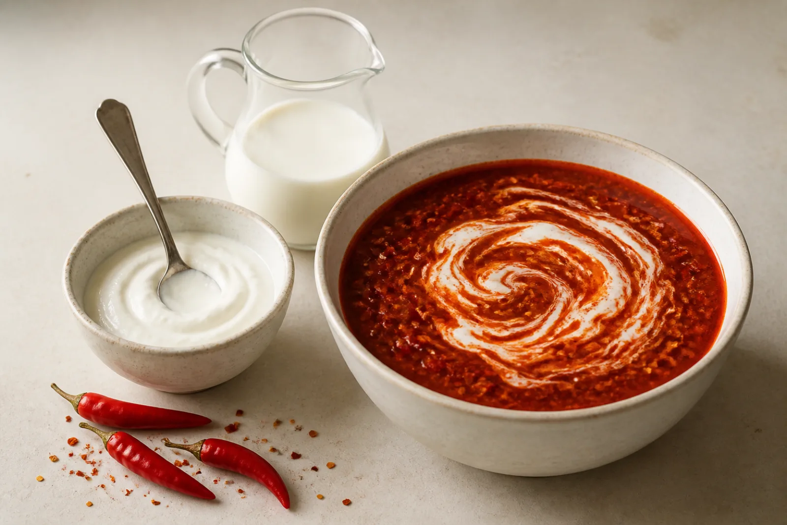 Skål med klarröd chilisoppa där en vit klick yoghurt vänts ner i en virvel, bredvid en liten skål naturell yoghurt med sked och en liten kanna mjölk