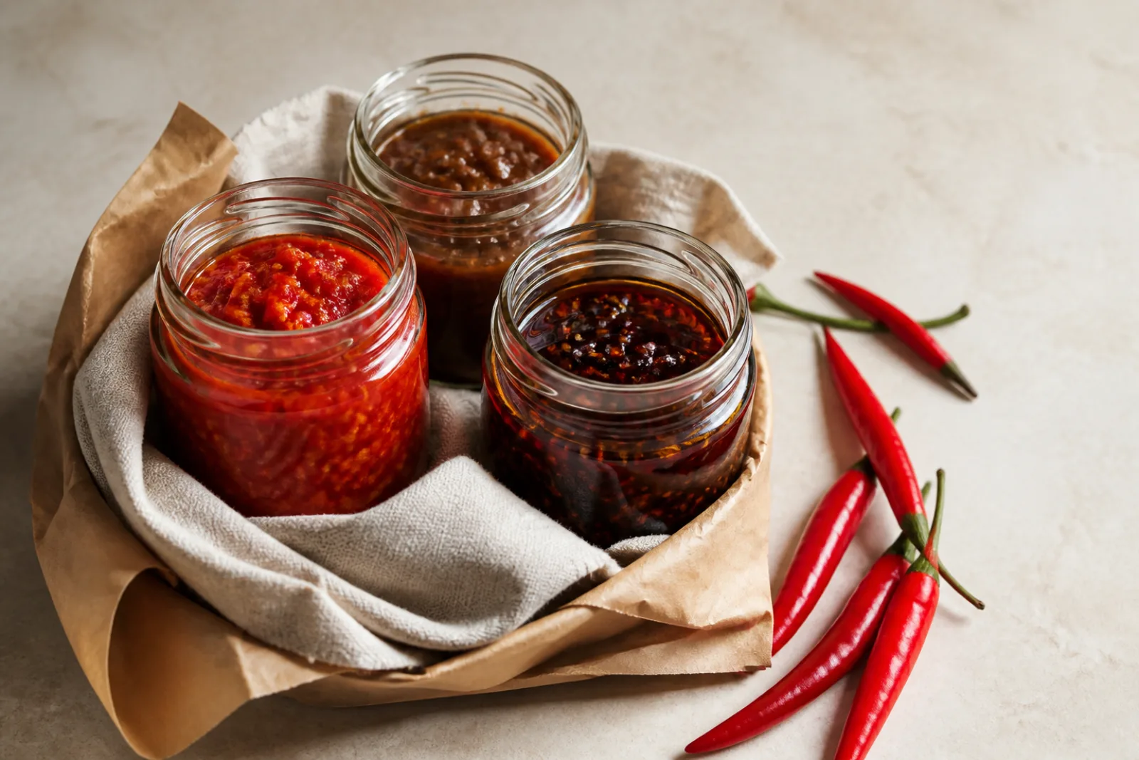 Tre omärkta glasburkar med olika chilisåser i omslagspapper och linne, med färska chilifrukter bredvid