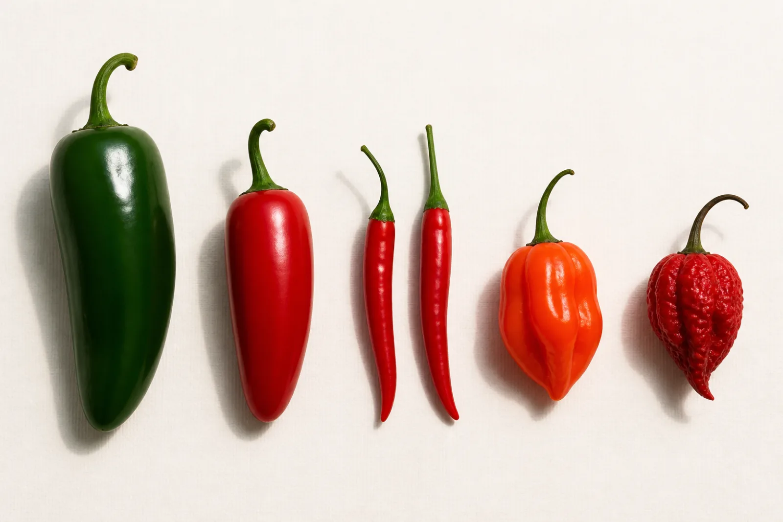 Referensrad av färska chilifrukter i stigande antydd hetta — en grön jalapeño, en röd jalapeño, små birds eye-chili, en orange habanero och en liten skrynklig superhet sort — jämnt utplacerade som botaniska exemplar