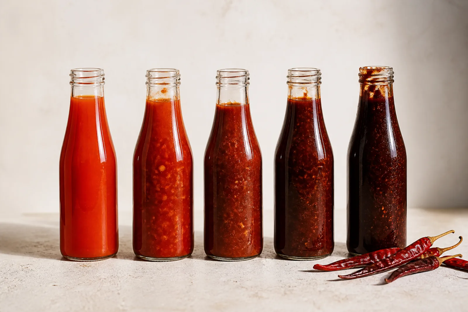 Fem omärkta glasflaskor med chilisås i stigande mörkhet, från klarröd och tunn till djupt mahognymörk och tjock, med torkade chilifrukter bredvid den mörkaste