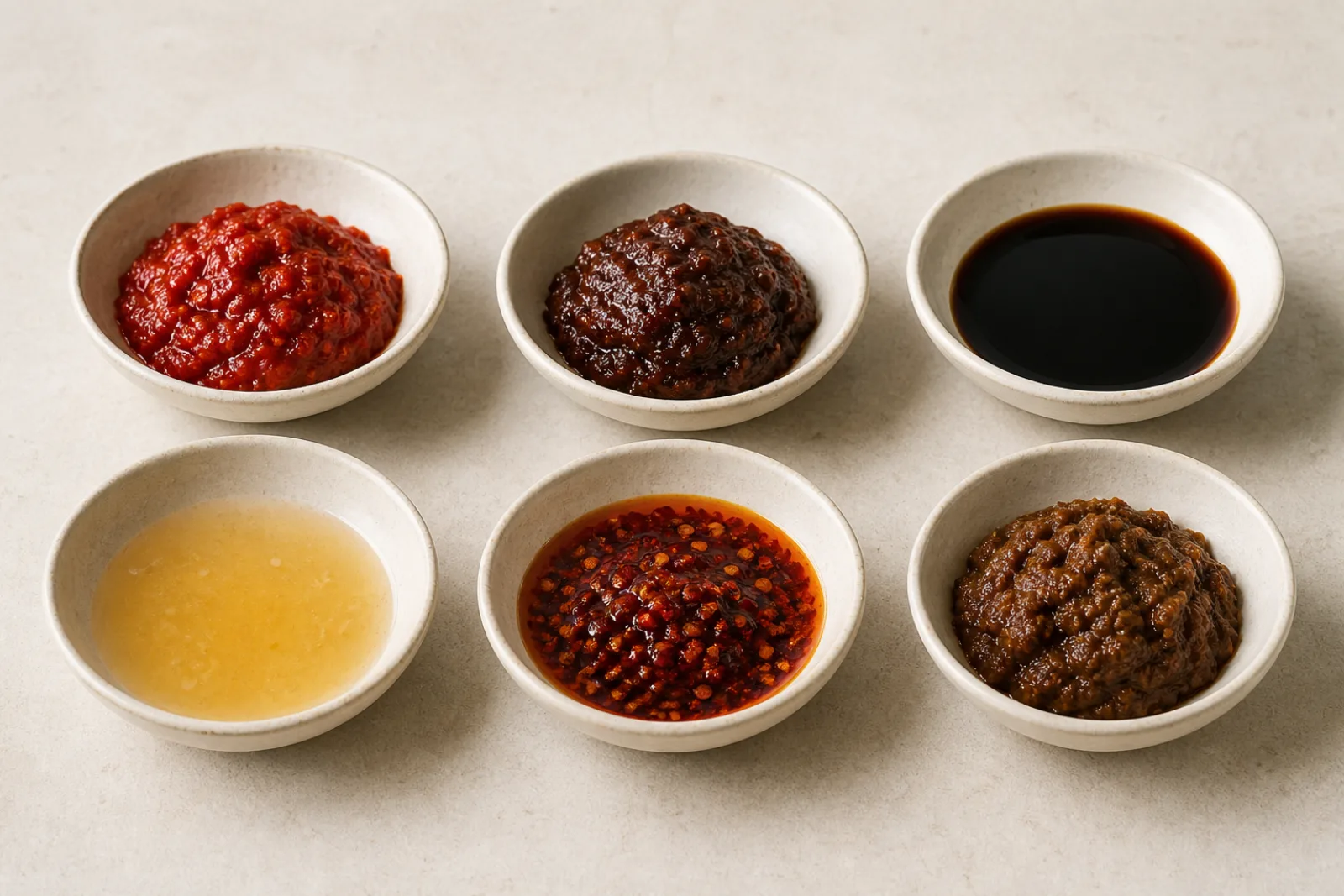 Sex enkla keramikskålar med olika asiatiska såser: röd chilipasta, mörk fermenterad pasta, sojasås, ljus ponzu, chiliolja och brun bönpasta